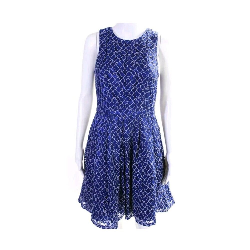Xscape Blue Floral Lace Tulle Accent Dress Size 8 Sleeveless Back Zipper Lined